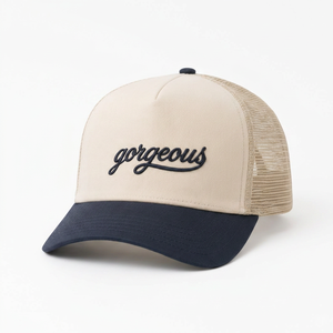 Gorra Trucker Personalizada al por Mayor, Bordada, Beige y Azul Marino, Malla, Perfil Alto, 5 Paneles, Visera Curva, Alta Calidad, Unisex - Product Image 2