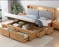 Lit double en bois massif de style nordique avec tiroirs hautes caissons, lit de chambre principale pliable avec rangement à pression d'air et rangement intégré