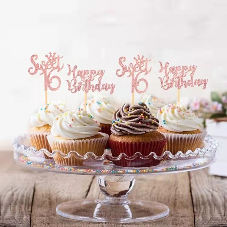 30 Stück Cupcake-Topper „Happy 16th Birthday“ – Glitzernd, Roségold, Für Geburtstag & Feiern