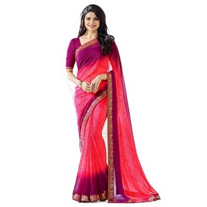 Sari Indio-Pakistaní de Color Rosa Oscuro con Estampado Bandhani, Borde Bordado con Peluche Sintético, Diseño Étnico Moderno de Alta Calidad para Fiestas - Product Image 1