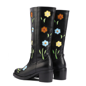 Retro Style Flower Pattern Women Knee High <b>Boots</b> Chunky Heels Shoes on Wide Fit Square Toe Long <b>Boots</b> - Product Image 5