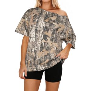 FOXA Women Off Shoulder Camo T Shirt Short Sleeve Oversized Boat Neck <b>Top</b> Summer Breathable Jersey Print - Product Image 1