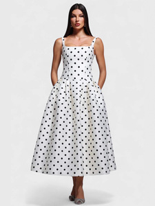 Abito Lungo da Donna Stile Francese a Pois 2025, Vintage con Colletto Quadrato, Vita Alta, Plissettato, Nuovo Elegante per Feste e Club - Product Image 6