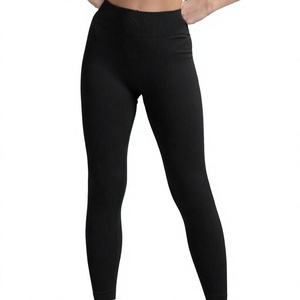 Leggings de yoga taille haute sans couture, longueur intégrale, noir uni, en spandex côtelé, extensible dans les quatre sens, taille élastique, séchage rapide, pantalon d'entraînement - Product Image 1