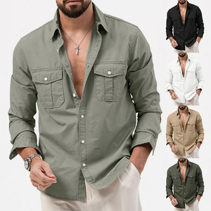 Camisa Casual de Manga Larga <span class=keywords><strong>para</strong></span> <span class=keywords><strong>Hombre</strong></span>, con Cuentas y Múltiples Bolsillos, Estilo Europeo y Estadounidense, <span class=keywords><strong>Ropa</strong></span> al por Mayor Transfronteriza - Product Image 1