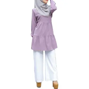 Monochrome femmes musulmanes à manches longues tunique hauts évasé volants ourlet couleur unie pull chemise ample automne islamique turquie Abaya