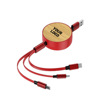 Câble de charge USB rapide 3-en-1 en bambou, rétractable 1,2 m, pour promotion, exposition commerciale, publicité, événement, cadeau, câble de charge 3-en-1