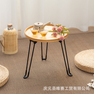 Bamboo <b>Folding</b> Round Coffee <b>Table</b> Metal Frame Minimalist Design Outdoor Indoor Use <b>Small</b> Tea <b>Table</b> - Product Image 1
