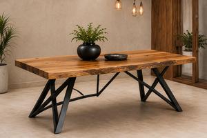 Modern Wooden <b>Dining</b> <b>Table</b> Solid Wood <b>Top</b> with Black Metal X Leg Base for Home Kitchen Restaurant Office Furniture Decor - Product Image 3