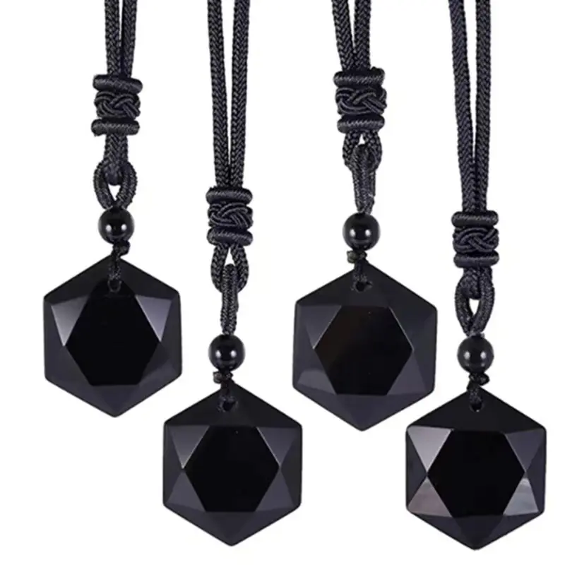 Schwarzer Obsidian Naturstein Sechs zackiger Stern Anhänger Halsketten Kubisches Hexagramm Pullover Halsketten Amulette und Talismane Schmuck