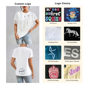 T-Shirt con frangia larga a manica corta personalizzata all'ingrosso T-Shirt da donna Top da donna con nappine Crop da donna T-Shirt OEM - Product Image 3