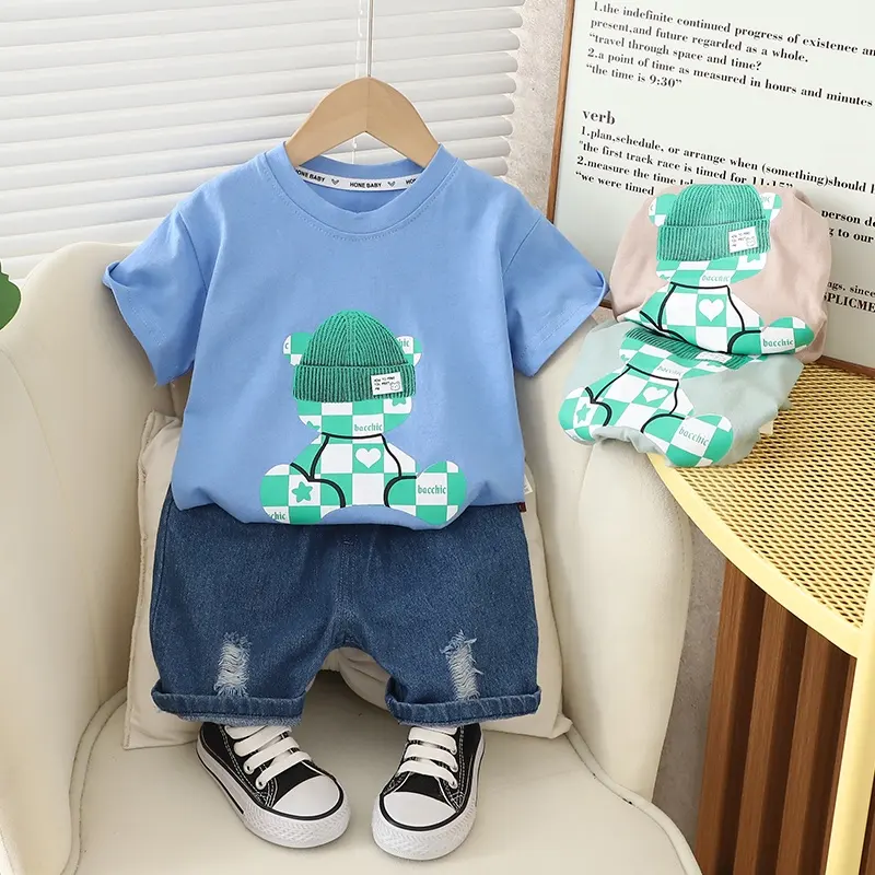 2024 Summer Cheap Children Clothing Sets Short Sleeve Cartoon Bear T Shirt Denim Shorts 2Pcs Boys Kids Clothes