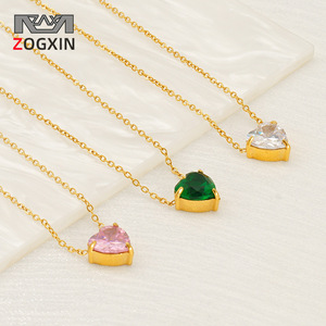 Zogxin Heart Pendant Necklace Gold Chain With Zircon Stone For Women Everyday Wear Pink Green White Color Options - Product Image 1