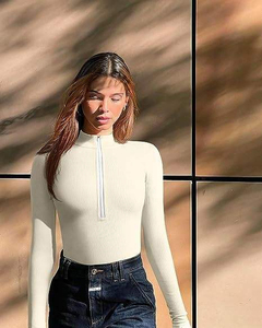 Body de mujer sexy acanalado de una pieza con cremallera frontal, manga larga, color liso y parte inferior elástica - Product Image 3