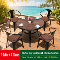 Ensemble de salle à manger d'extérieur 5 pièces : Table ronde Sunburst 105 cm en bois grainé avec 4 chaises en fer noir à pieds courbes – Vente en gros, faible MOQ