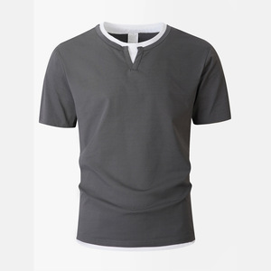 High Quality Men's Short Sleeve Casual T-<b>Shirt</b> Small V-Neck Solid Color Block Design Tshirt for Young Adult Cross-Border T <b>shirt</b> - Product Image 6