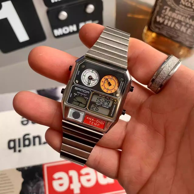 New Square Men's Watch Analog-Digital Stainless Steel Band Sporty Quartz Movement Waterproof 5BAR Alarm Hidden Clasp 36mm