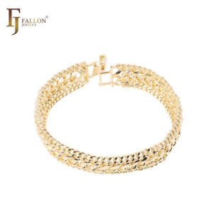 54120131 FJ Fallon Moda Jóias Triplo Cubano Link Curvo Pulseiras Largas 14K Banhado A Ouro Latão Baseado - Product Image 1