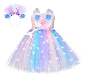 Kleine Meerjungfrau Leuchtendes Tutu-Kleid Seestern-Pailletten Halloween-Karnevals-Outfit Stirnband Lila Schimmerndes Meerjungfrauen-Ballkleid - Product Image 2