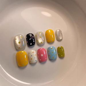 TSZS Vente en gros 10 pièces Faux ongles à presser faits main, courts carrés et ronds en acrylique, style coréen japonais, motifs pois et étoiles mignons - Product Image 4