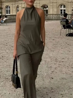 Ensemble pantalon et débardeur asymétrique dos nu sexy à bretelles + pantalon à cordon de serrage, style streetwear vintage pour femme