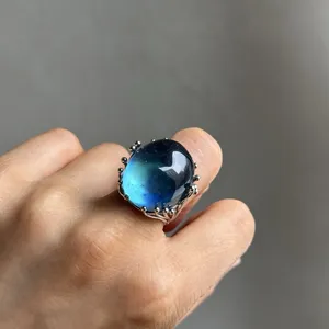 Grande <span class=keywords><strong>bague</strong></span> de mariage classique en aquamarine bleue naturelle pour femmes et hommes, perles ovales en cristal Reiki de guérison, argent, 22x19mm - Product Image 6