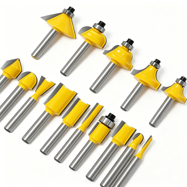 Red Yellow 15PCS Router Bit Set Trimming Straight Milling Cutter Wood Bits Carbide Cutting Woodworking Multiple Shanks Available
