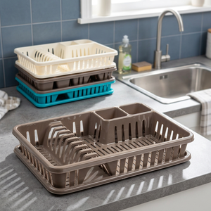 Égouttoir à vaisselle de type plateau, taille L, empilable, moderne, beige marron, design vénitien, en plastique PP, carré, motif uni - Product Image 4