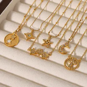 Hypoallergenic Tarnish Free 18K Gold Stainless Steel Star Moon Pendant Necklace With Cross Chain Diamond Jewelry