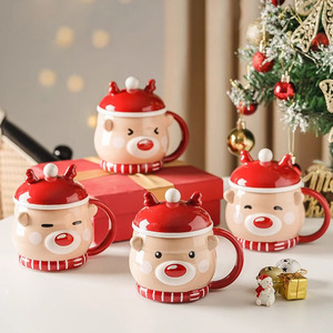 Taza Creativa de Cerámica Seaygift Estilo <span class=keywords><strong>Kawaii</strong></span> con Alce Nórdico Ins, Taza de Café Caliente de Cerámica Feliz Navidad, Taza de Té de Porcelana con Tapa - Product Image 1