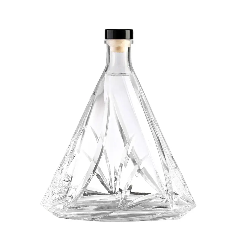 Actory-botella de vidrio transparente con forma triangular, frasco personalizado de 500ml con corcho