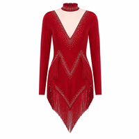 Robe de danse latine rouge pour femmes, manches longues, paillettes, franges, costume de scène, robe de danse de salon, salsa, rumba, avec strass