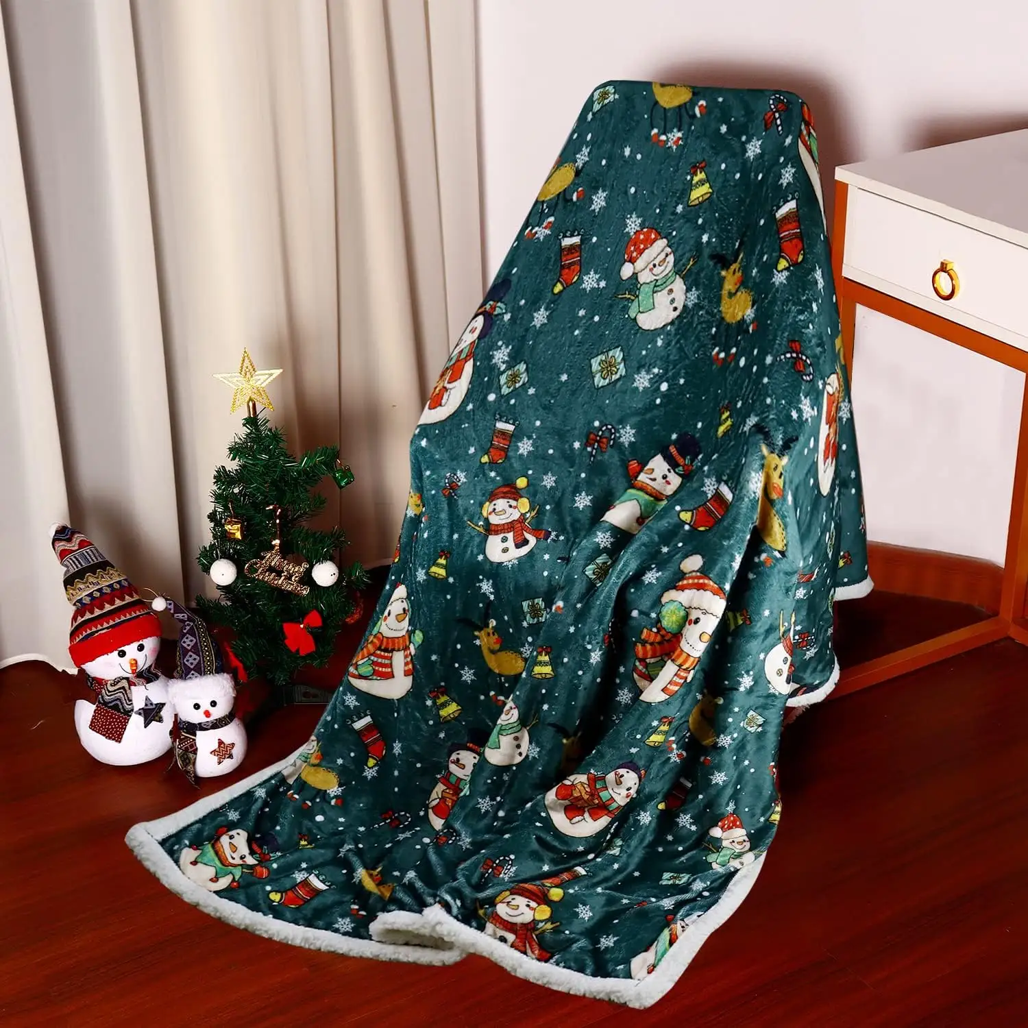 ผ้าห่มขนแกะเชอร์ปาผ้ากำมะหยี่โพลีเอสเตอร์สองชั้นนุ่มพิเศษพิมพ์ลายคริสต์มาสออกแบบได้ตามต้องการ