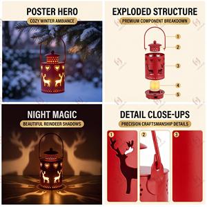 Linterna de Reno Navideña Roja de Metal, Luz Colgante a Pilas con Recortes de Corazón para Decoración de Mesa y Chimenea Navideña - Product Image 2