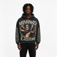Sweat à capuche surdimensionné pour homme en molleton bouclette 450 g/m² personnalisé OEM, noir délavé à l'acide, effet vieilli, imprimé flamme sur les manches