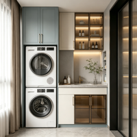 Meuble de buanderie sur mesure en MDF avec porte vitrée, poignée en laiton, étagère LED, colonne lave-linge/sèche-linge, évier et comptoir pour appartement, OEM ODM