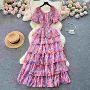 Robe florale romantique vintage pour femme, manches bouffantes, taille cintrée, design chic et haut de gamme, robe à volants pour l'été - Product Image 2