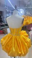 Robe de soirée moulante courte en satin jaune Ocstrade pour femme, sans bretelles, avec strass, corset et nœud bouffant, idéale pour les fêtes d'anniversaire