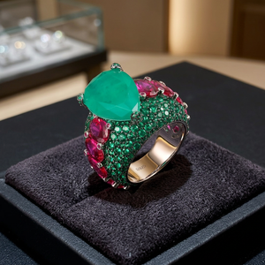Sliver Full Pave Rose <b>Gold</b> Plated Statement <b>Cocktail</b> Luxury Unisex <b>Ring</b> Synthetic Emerald Ruby CZ Trendy Geometric Cluster <b>Rings</b> - Product Image 3