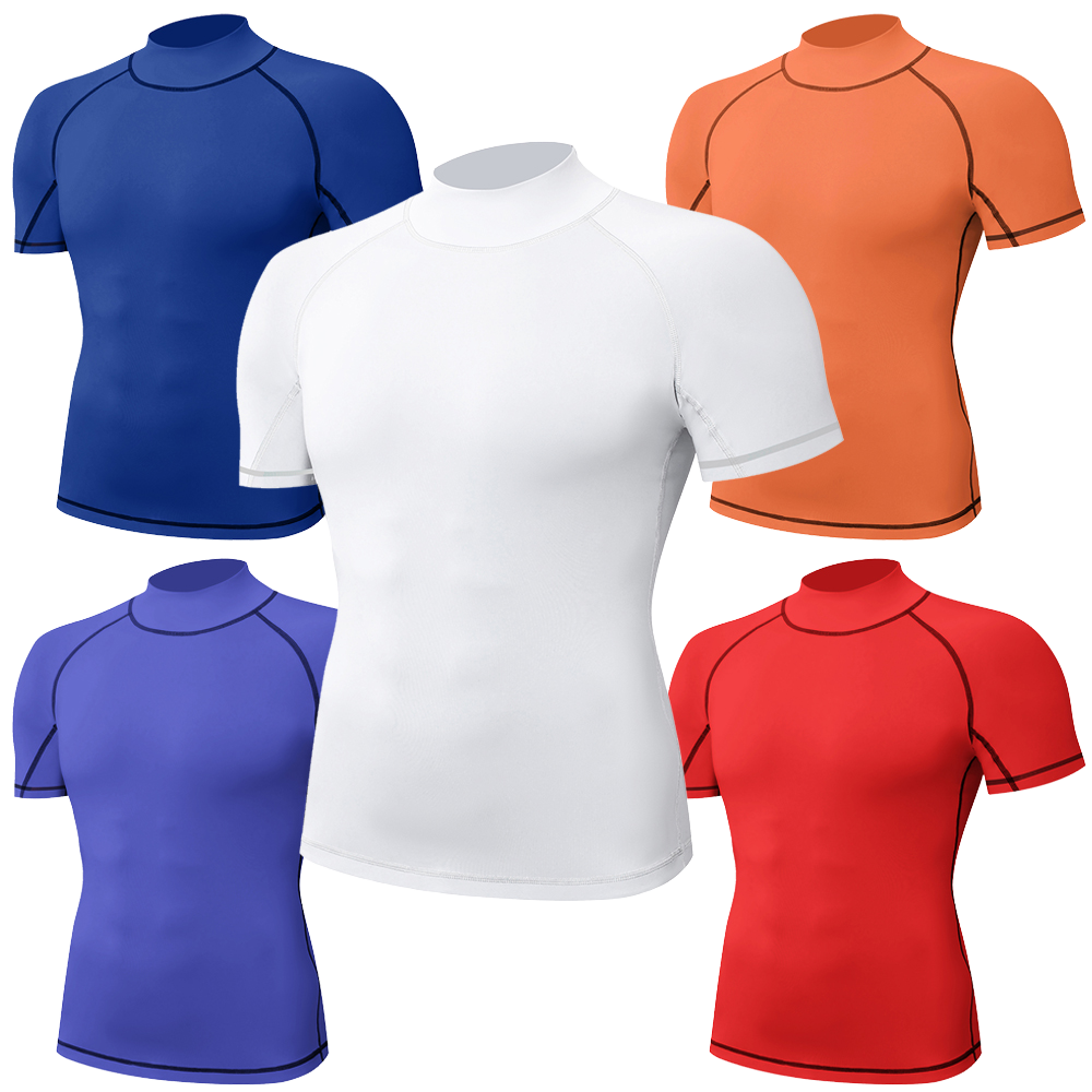 Men's Gym Compression Shirt Short Sleeve Rashguard Quick Dry Breathable High Neck MMA BJJ Fight Training Wear Rash Guards