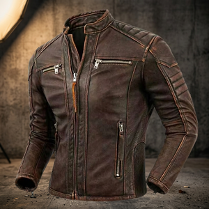Blouson de moto en cuir véritable respirant pour homme, col montant, fermeture éclair, coupe ajustée, style urbain, pour l'hiver, avec logo frontal - Product Image 3