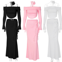 Set Wanita Seksi 2026 Model Off Shoulder Motif Mawar, Set Dua Potong Pakaian Wanita Elegan Rok Maxi Bunga 3D untuk Pesta
