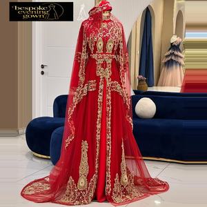 Fabricante Cinta Roja Bordado Lujo Elegante Hasta el Suelo A-Line Formal Mangas Cortas Empire Prom Bride's Toast Back Door - Product Image 2