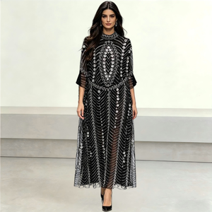 <span class=keywords><strong>Robe</strong></span> <span class=keywords><strong>longue</strong></span> Abaya Kaftan <span class=keywords><strong>en</strong></span> maille noire perlée à la main, style Dubaï Moyen-Orient, argent brillant, pour femme, idéale pour mariage, fête, tenue modeste, Aïd - Product Image 1