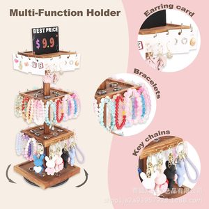 Wooden Rotating Jewelry Display Rack 3 Tier Desktop Storage For <b>Necklace</b> Earring <b>Ring</b> Watch Organizer With Chalkboard - Product Image 2