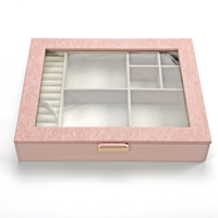 Boîte à bijoux rectangulaire de grande capacité, en cuir PU fait à la main, moderne, luxueuse, avec doublure en flocage, couvercle à fenêtre, poignée en métal