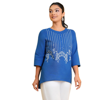 Blus Wanita Premium Berkualitas Tinggi, Kasual, Bahan Linen Biru Bordir, Lengan Tiga Perempat, Kancing Setengah