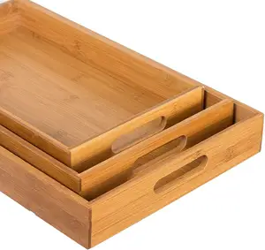 Custom Decorative Coffee Tea Bamboo Wooden Breakfast Food Tray Wood Serving Tray With Handles