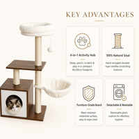 Arbre à chat en bois en gros avec armoire pour chat, entrée ronde, poteaux en corde de sisal et hamac en peluche pour petits chats OEM ODM
