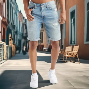 Men's Straight Mid Waist Summer Casual Ripped Denim Shorts Breathable Eco-Friendly Washable Knitted Fabric Streetwear Shorts - Product Image 2